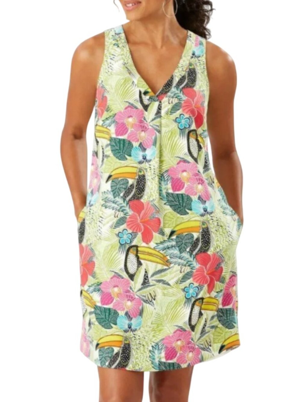 TOMMY BAHAMA Silk Dress, S, V-neck, Short, Pockets, Bold Color Toucan Floral - Picture 13 of 13